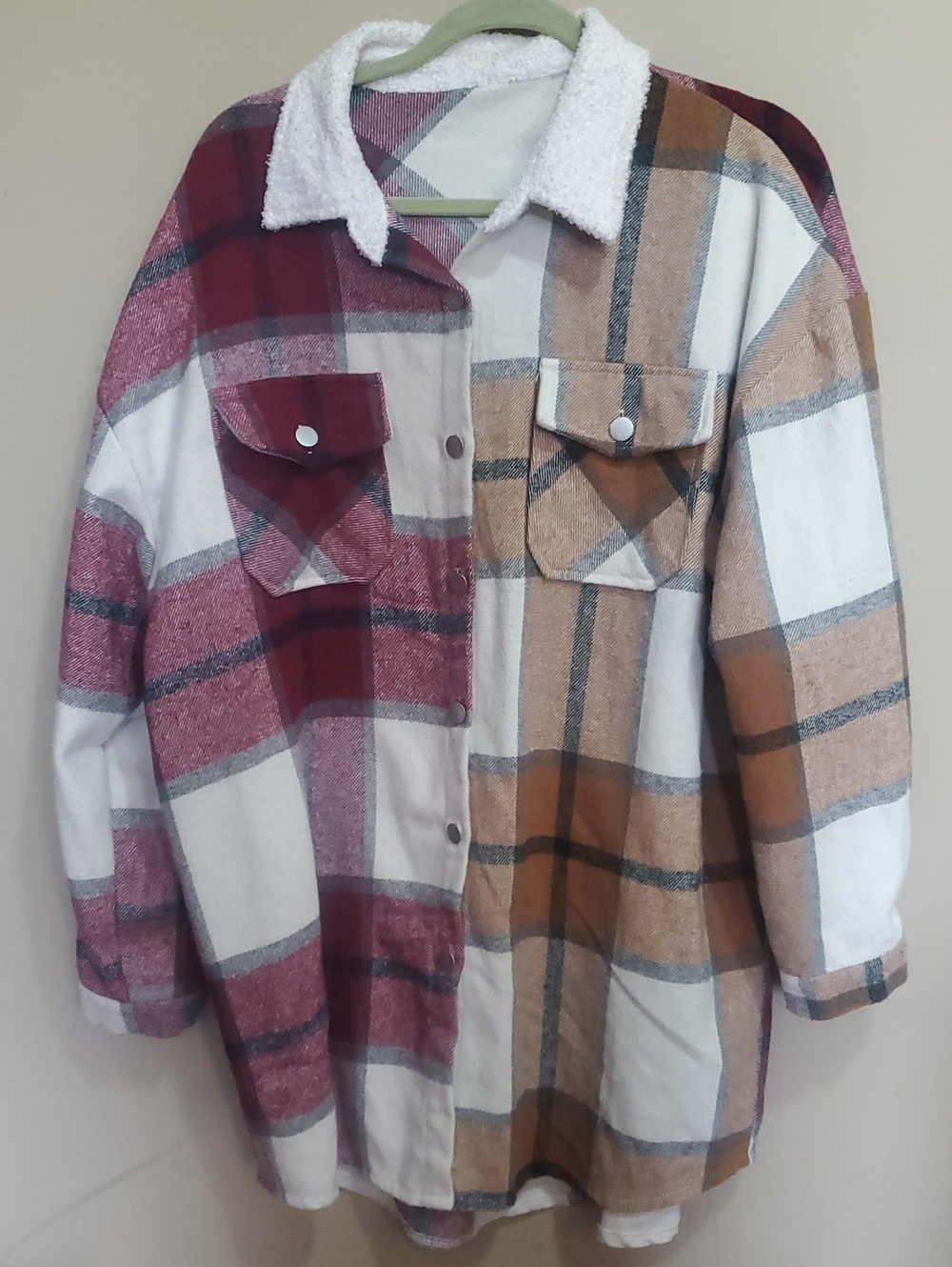 Cozy Plaid Sherpa-Lined Shacket - Burgundy & Tan Size Xl